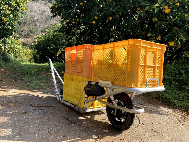 ねこ車電動化キット「E-Cat Kit」、松山市認定農業者協議会の協力で松山市のみかん農家の運搬労力削減に向けた実証実験開始