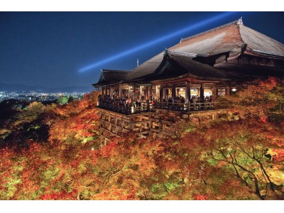 ライトアップされた伽藍と紅葉を楽しむ清水寺、秋の夜の特別拝観。今年は世界で注目のアーティストユニットがオープニングイベント（奉納演奏）を実施