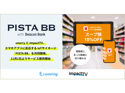 unerryとimpactTV、スマホアプリに反応するIoTサイネージ「PISTA BB」を共同開発、11月1日よりサービス提供開始