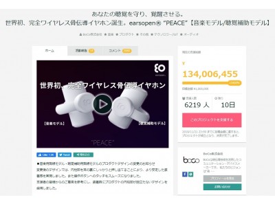 ~難聴問題に挑むテクノロジー~ 世界初、完全ワイヤレス骨伝導イヤホン『earsopen(R) PEACE』がクラウドファンディング「GREEN FUNDING」で日本最高支援額1.32億円を更新!