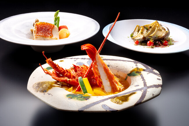 伊豆のフレンチ懐石【伊勢海老ディナー】お造り、ブイヤベース、ソテー × 鮑 × 金目鯛 × ワインペアリング