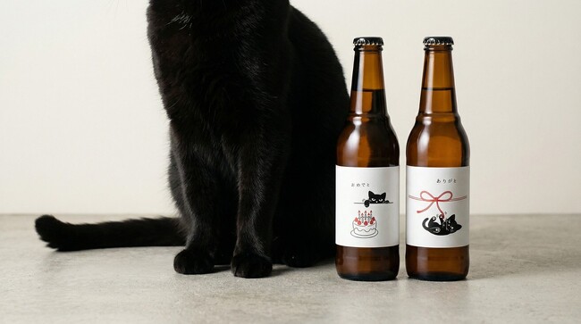 サンクトガーレン、LINEギフト限定の黒猫のおきもちビール2種「おめでと」「ありがと」を一般販売開始。工場横で保護された黒猫がモデル