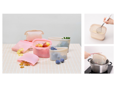 【電子レンジ・オーブン・湯煎・冷蔵・冷凍も全部OK！】下ごしらえ、加熱調理、保存までできる万能シリコーンバッグにしっかり口がひらくタイプが新登場！