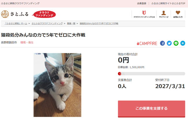 長野県飯田市とさとふる、猫の適正飼育と地域猫活動を推進するため寄付受け付けを開始