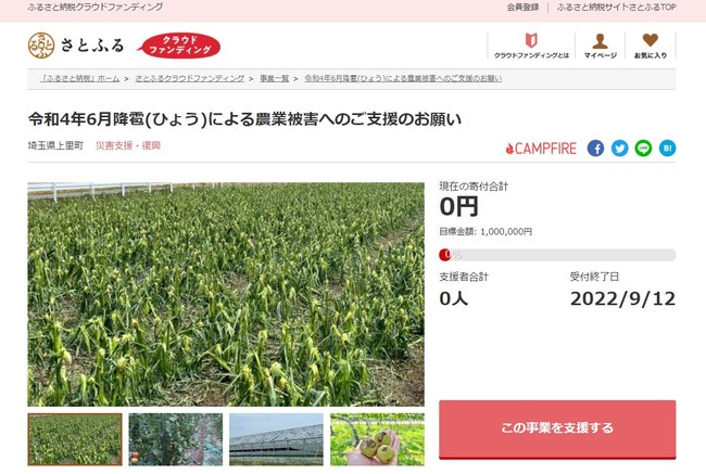 埼玉県上里町とさとふる、降雹（ひょう）による農作物被害を受けた農業者を支援するため、寄付受け付けを開始