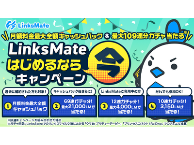 MVNOサービス「LinksMate」で月額料金3ヶ月分最大全額キャッシュバック&抽選で最大109連ガチャ分のリンクスマイルが当たる「LinksMateはじめるなら今キャンペーン」を開催！