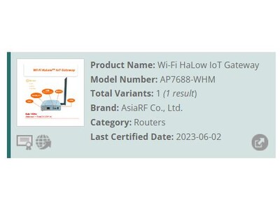 AsiaRF社製のWi-Fi HaLow IoTゲートウェイ、Wi-Fi CERTIFIED HaLow(TM) 認証をアリオンで取得