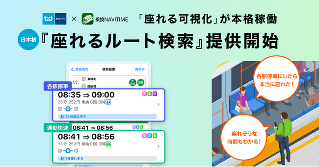 東京メトロ・ナビタイムジャパン 日本初の「座れる可視化」が本格稼働。『座れるルート検索』提供開始