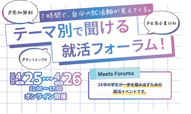 【10年以上の就活支援実績を活かした新たな挑戦】27～29卒向け3年度複合型オンライン合同企業説明会「Meets Forum」を2026年4月25日・26日に開催