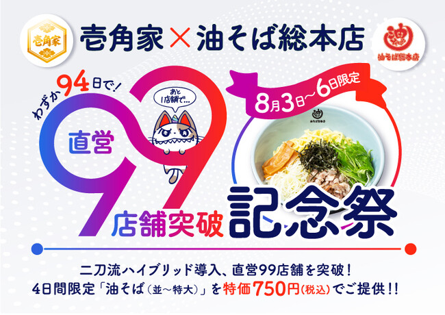 わずか94日間で、累計99店舗の二刀流ハイブリッド導入！「壱角家×油そば総本店 二刀流ハイブリッド店舗」直営99店舗突破記念祭を実施