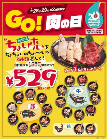 新登場『ちょいホル』をちょちょいのちょ～いと3種類選んで529円！「GO!肉の日」は創業20周年の情熱ホルモンへ！
