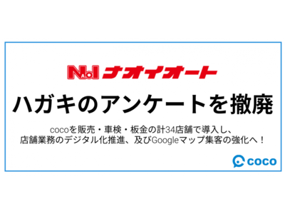 茨城県No.1のクルマ屋へ。(株)ナオイオートが34店舗でcocoを導入し、ハガキのアンケートを完全撤廃。100%のデジタル化を実現！