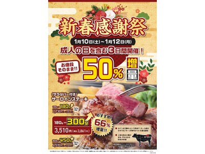 【ステーキのあさくま】1/10(土)~12(月)は”新春感謝祭”！サーロインステーキを最大66％増量で提供