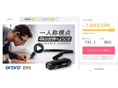 とうとう掲載20日間で700万円達成 !!!本格的な一人称視点を実現したウェアラブルカメラ「ORDRO EP6」!!!