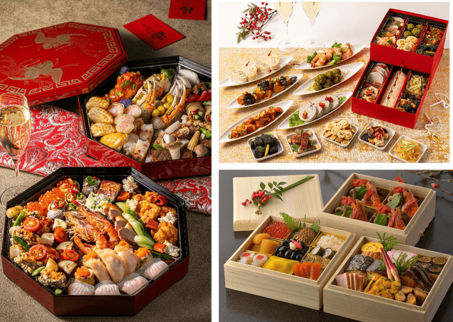 鮑や伊勢海老を盛り込んだ中国料理のプレート、4つのレストランの味を集めた洋風おせち、和の技が息づく三段重、自宅でホテルの味が楽しめる「フェスティブシーズンを彩るテイクアウトプレート＆おせちが登場」
