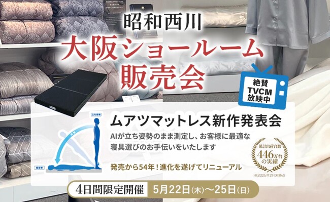 【昭和西川】大好評の大阪ショールーム販売会開催！「AI×3D寝具診断」であなたにぴったりのマットレスをご提案：5/22（木）～25（日）の4日間限定