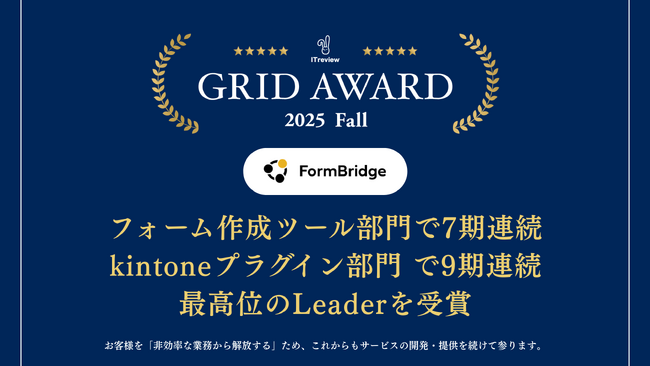 FormBridgeがITreview Grid Award 2025 Fallの「フォーム作成ツール部門」7期連続・「kintoneプラグイン部門」9期連続で最高位の「Leader」を受賞！