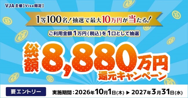 三井住友カードとVJAが「抽選で最大10万円が当たる!総額8,880万円還元キャンペーン」を開催!