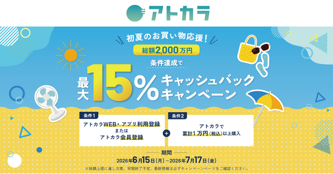 あと払いサービスの「アトカラ」 初夏のお買い物応援!最大15%キャッシュバックキャンペーンを実施!