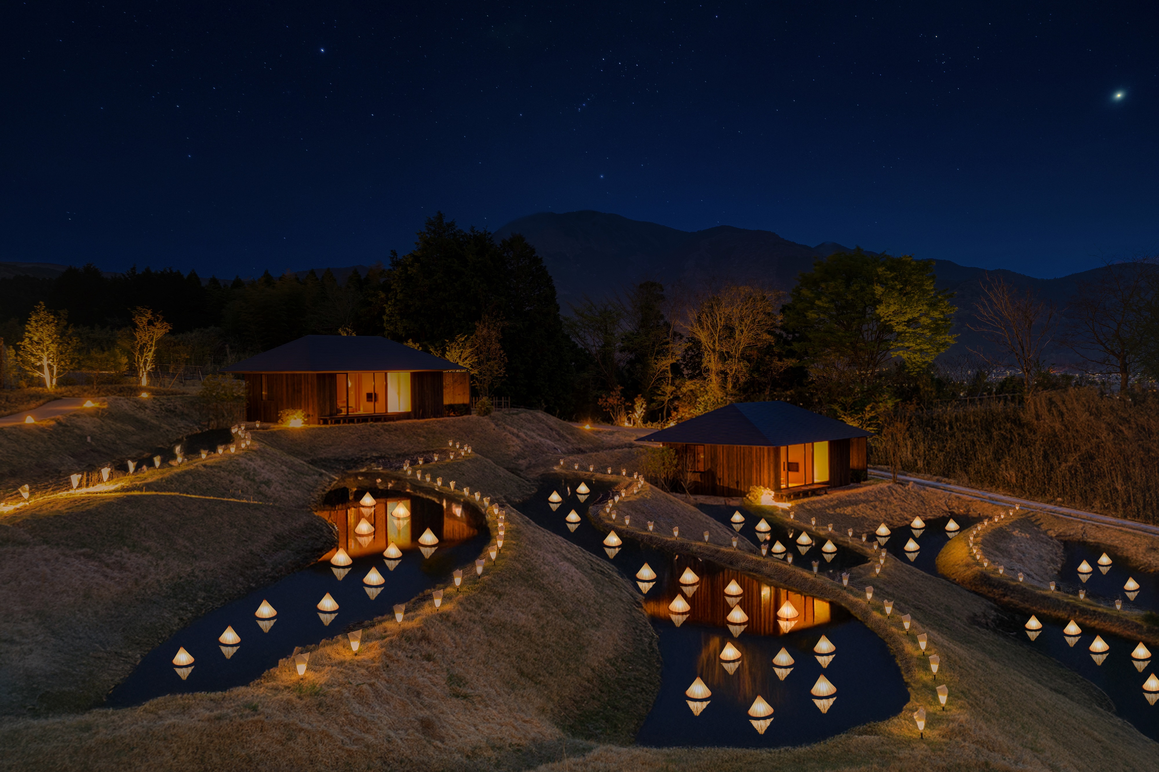 【界 由布院】100本の中津和傘が棚田を灯すライトアップが新登場「棚田冬灯りやつがい」開催