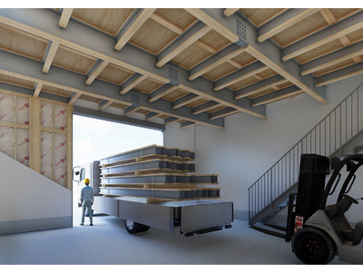 2階建てで1階の天井高4 mの建物を木造で実現する高天井対応部材を発売