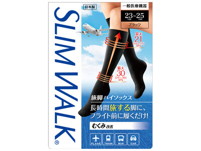 【新商品】旅行専用の着圧ソックス「スリムウォーク 旅脚ハイソックス」新発売 やわらか生地で着脱しやすく、長時間の座り姿勢による脚のむくみを解決