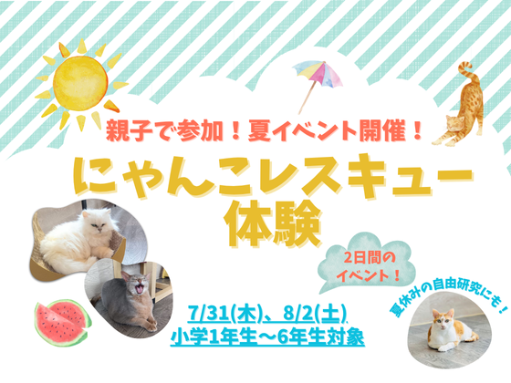 「夏休みスペシャル・子どもスタッフによる保護猫譲渡会」開催のお知らせ