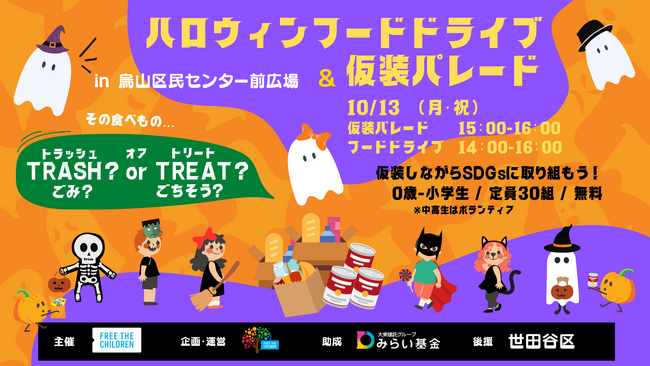10/13(月・祝）ハロウィンは仮装パレード＆フードドライブで食料問題を考えよう！　ソーシャルグッドなハロウィン＠千歳烏山【世界食料デー月間・食品ロス削減月間】