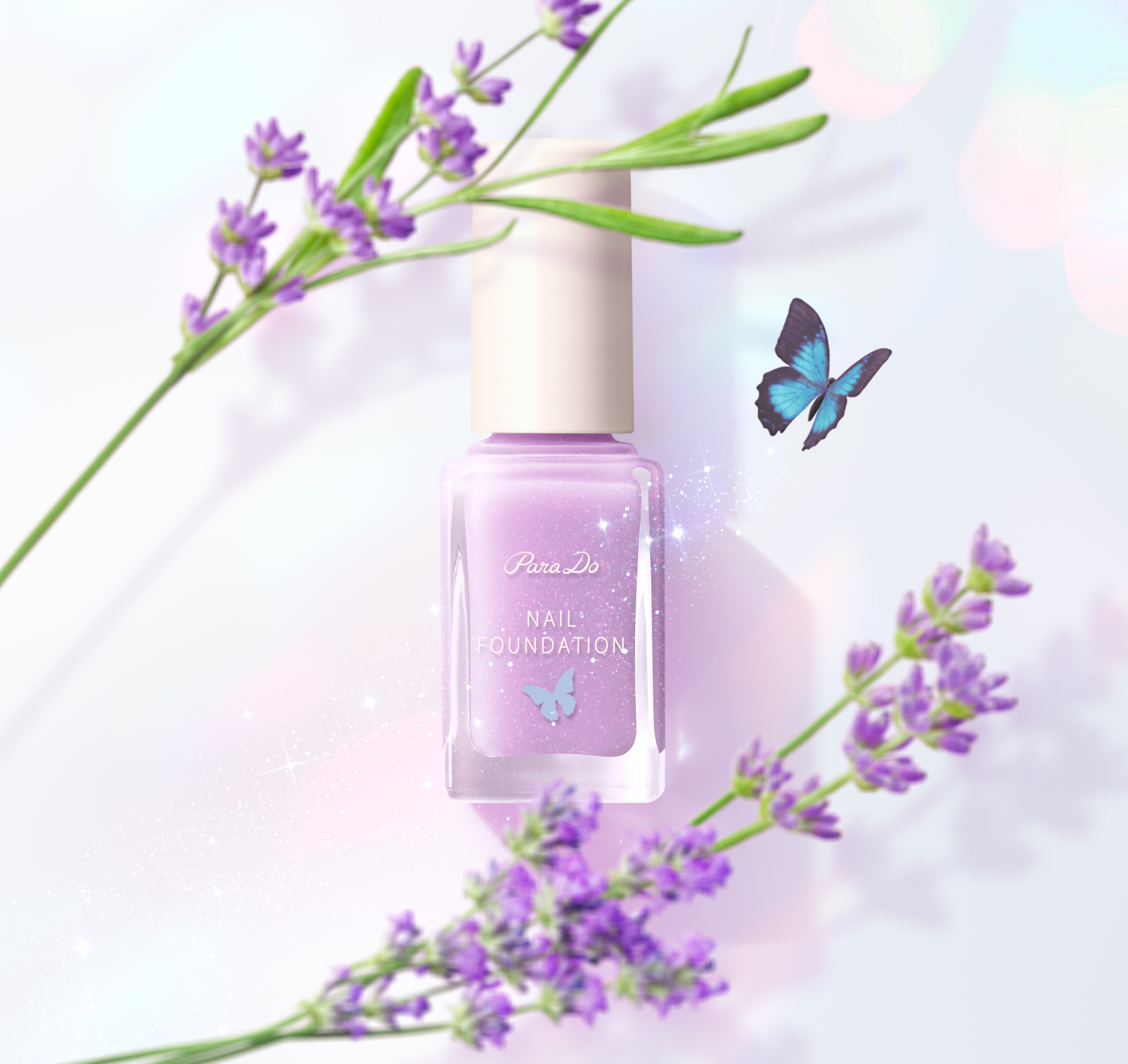 人気のネイルファンデーションに、限定色「しあわせラベンダー」登場。ほんのり、きらめく、大人の可憐。しあわせ舞い込む、心ときめく指先へ。蝶が舞う特別仕様のボトルで発売。