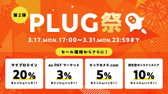 「PLUG祭」第二弾開催！～マイプロテイン、au PAY マーケット、ビックカメラ、資生堂オンラインで最大20%キャッシュバック～