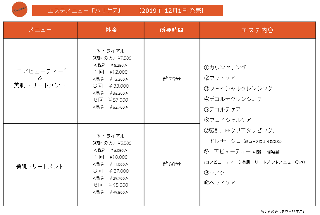 新しいエステメニュー『ハリケア』を開始