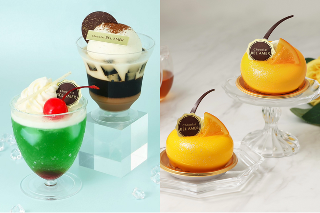 夏を感じる爽やかなスイーツが、ショコラ専門店「ベルアメール」から新発売!見た目にも涼やかなグラスデザート「ジュレクリームソーダ」とオレンジのムース「クレール オランジュ」が登場します。