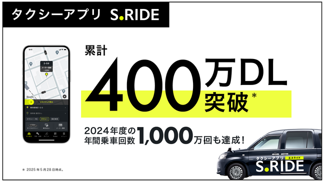 タクシーアプリ「S.RIDE(R)」、累計400万ダウンロード突破　感謝を込めた「特大４キャンペーン」開催