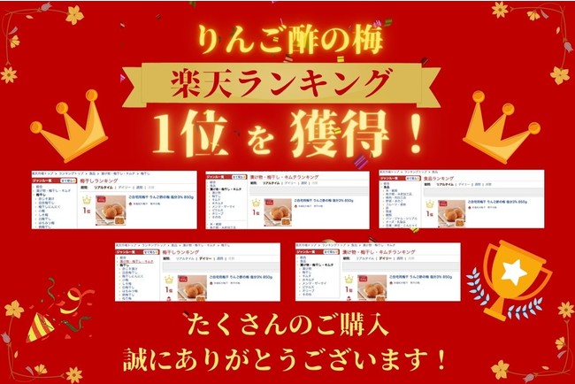 【楽天ランキング３冠達成】超低塩(塩分3％）のりんご酢の梅が楽天3部門で1位を獲得。販売実績50,000個突破。