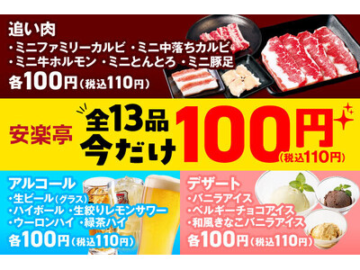 生ビールやカルビが100円（税込110円）！のおトクがすぎる安楽亭の大人気キャンペーン「今だけ100円！」が全13品にパワーアップして、夏スペシャルで登場！