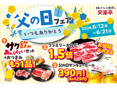 【父の日はお肉で乾杯】6月12日～21日「安楽亭”父の日”フェア」開催！お仕事終わりにも、家族団らんの焼肉DAYにも。軽めの1杯からおかわりまで全部おトクに！お父さんを主役に「お肉とお酒」を楽しもう♪