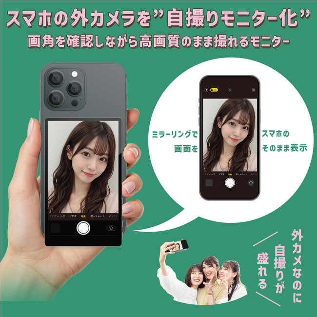 【自撮りモニター"Camee"（キャミー）】スマホの外カメラを"自撮りモニター化"画角を確認しながら高画質のまま撮れるモニター。6月26日（木）より発売開始AN-S151