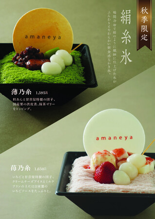 秋季限定！秋のごほうび、2つの味覚かき氷。「苺乃糸」と「絹糸氷-薄乃糸」。淡路島東海岸の複合商業施設『waSTEP AWAJISHIMA』内、「amaneya CASUAL」より