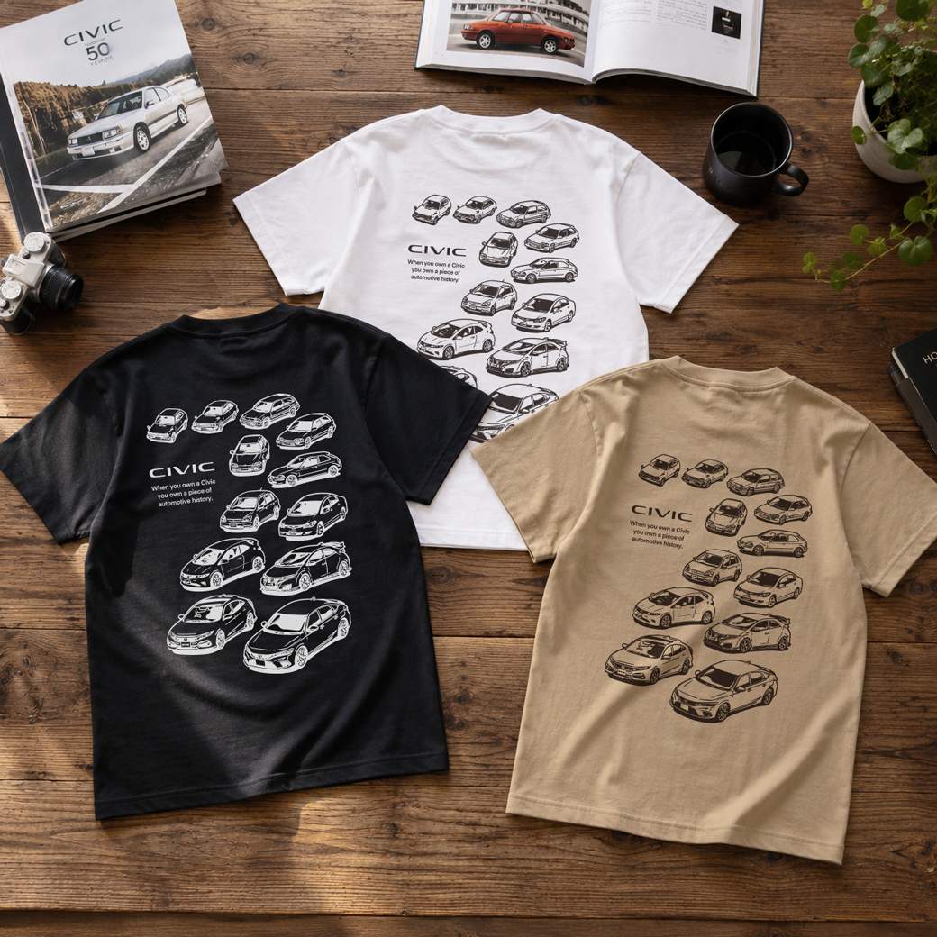 Honda シビックの歴代モデルが大集合のデザイン！Tシャツに新色が登場！予約…