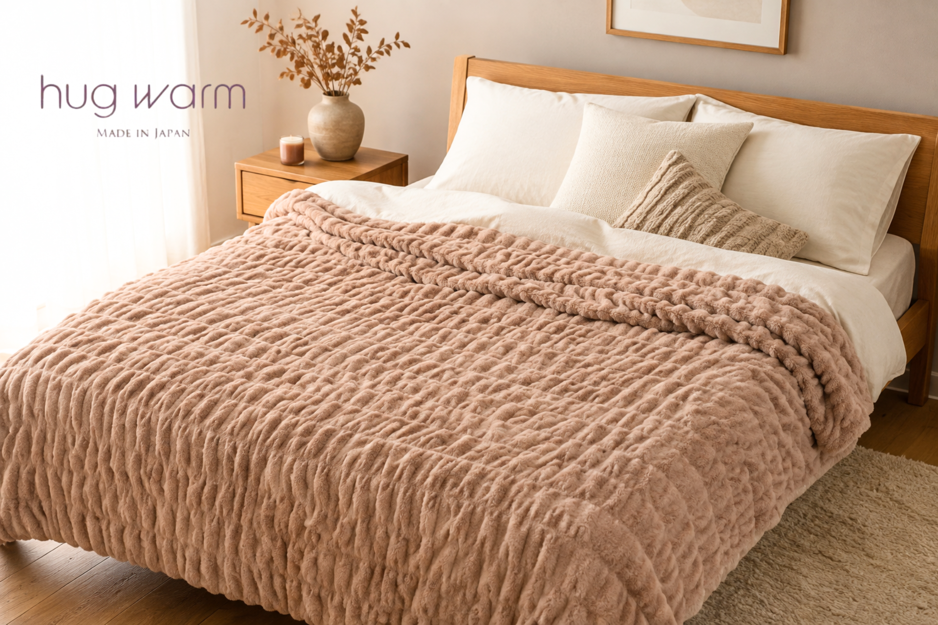 ふわくしゅ毛布「hug warm」に、秋冬の寝室にやさしくなじむ新色“カフェラテ”が登場