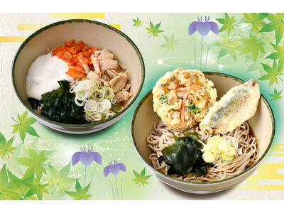 初夏にぴったりな、さっぱり魚介系＆ガツンと豚キムチ！５月限定商品「あさりのミニかき揚げ天とメアジ天」、「豚キムチとろろそば」を５月１日（金）１０時から発売