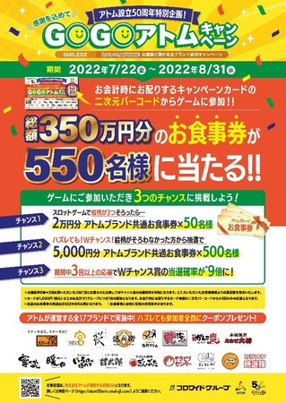 アトム設立50周年YEAR総額350万円分のお食事券が550名様に当たる!!GOGO