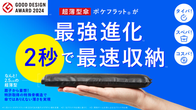 2秒収納の超薄型折りたたみ傘「ポケフラット クイック」～Makuakeにて8/28(木)より先行販売スタート～