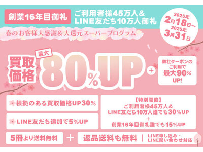 《春先取り！お客様大感謝・大還元 スーパープログラム開催》買取額が「最大80%アップ」になる！！【ご利用者様45万人＆LINE友だち10万人＆創業16年目御礼企画】