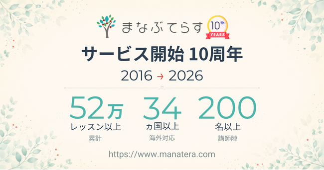 オンライン家庭教師「まなぶてらす」、サービス開始10周年──累計52万レッスン・世界34カ国以上の家庭に届けた10年間