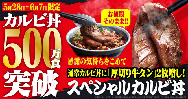 【焼きたてのかるび】カルビ丼累計500万食突破！厚切り牛タン2枚のせ“スペシャルカルビ丼”を5月28日(木)より販売
