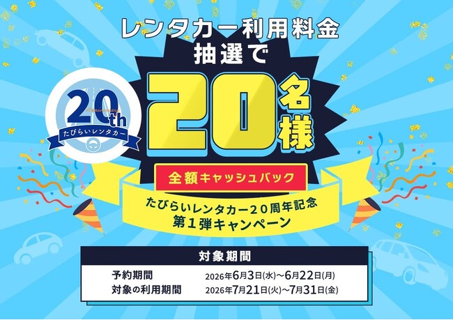 たびらいレンタカー20周年記念「第1弾全額キャッシュバックキャンペーン」開催