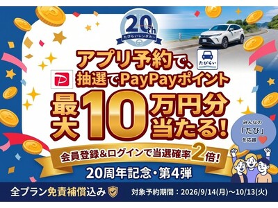 【たびらいレンタカー20周年記念・第4弾】アプリ予約で抽選で最大10万円分のPayPayポイントが当たる