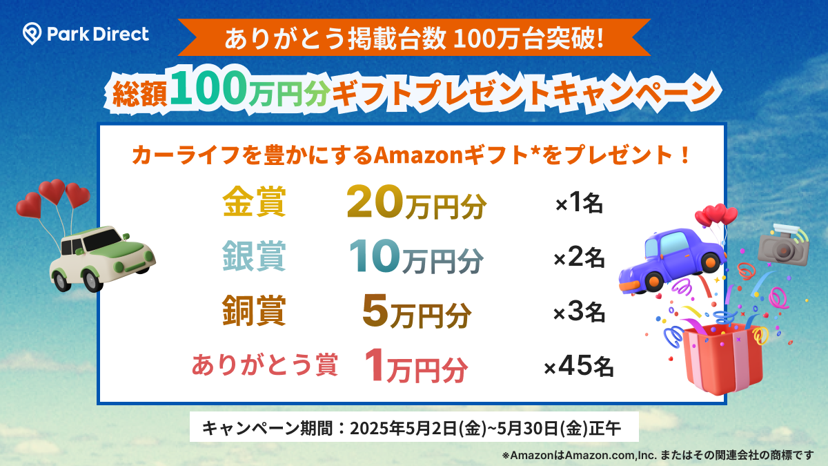 「Park Direct（パークダイレクト）」を運営するニーリー、掲載100万台突破を記念して総額100万円分ギフトをプレゼントのXキャンペーン開催決定！