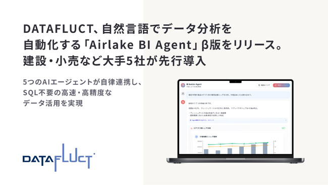 DATAFLUCT、自然言語でデータ分析を自動化する「Airlake BI Agent」β版をリリース。建設・小売など大手5社が先行導入